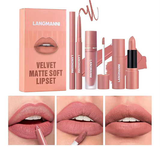3PCS Matte Liquid Lipstick Lip Gloss & Liner Set - All-IN-One Lip Kit, Velvety Nude Color, Waterproof Make Up Set