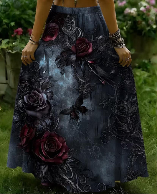 Women'S Plus Size Elegant Bohemian Style Easy Retro Dark Butterfly Rose Pattern Print Skirt