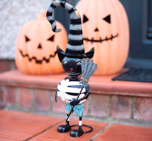 METAL BLACK CAT ORNAMENT WITH WITCH HAT