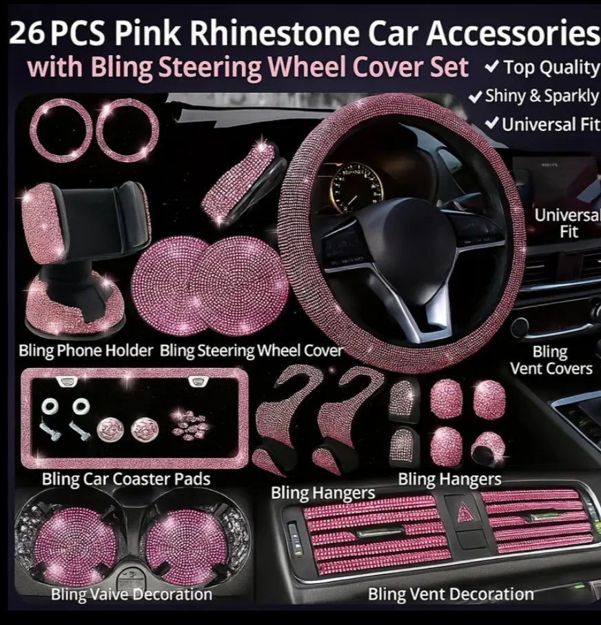 26 pcs of diamond-encrusted interior car accessories, including steering wheel covers, phone holders, license plate frames, car hitches, water cup pads, one-key start rings, air vent decorative strips, etc.