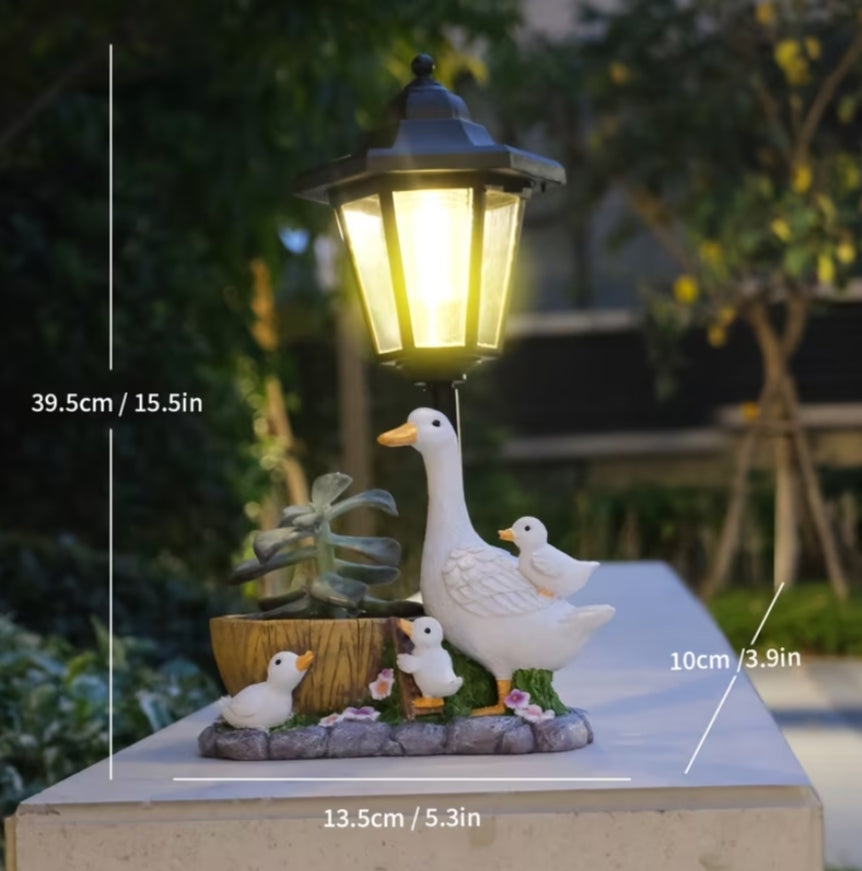 2 Pack Duck Family with Planter And Lantern Solar Outdoor Statue Light, LED Glowing Duck Garden Statues,