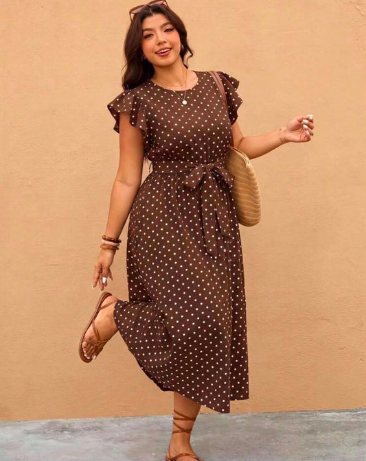 Vintage Polka Dot Print Plus Size Women's Romantic Ruffle Short Sleeve Dress,