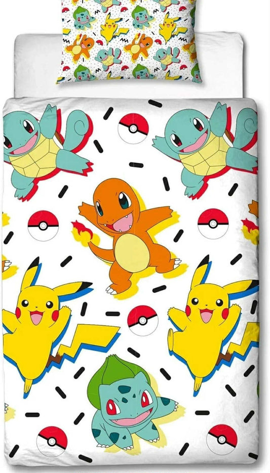 Pokemon Single Duvet Cover  Reversible Two Sided Featuring Pikachu, Squirtle