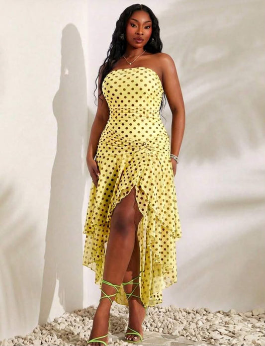 Plus Size Sage Summer Elegant Vacation Holiday Dress,Knit Mesh Strapless Knotted Waist Split Hem Tiered Ruffles Slim Flowing Bohemian Dress