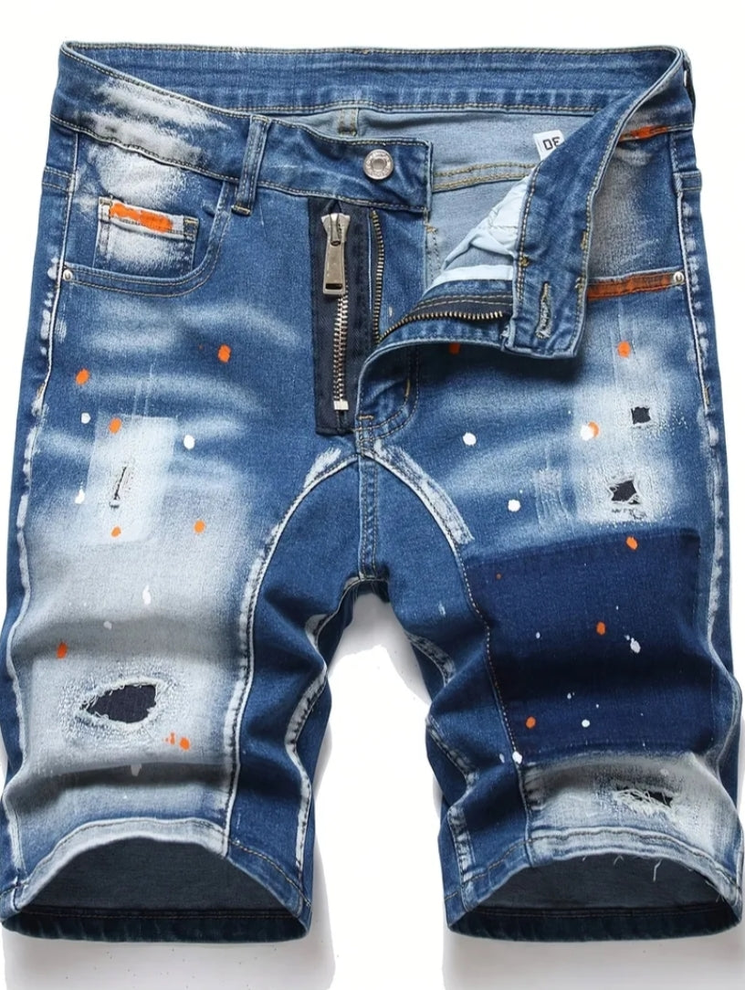 Summer Men'S High-Elastic Ripped Denim Shorts, Casual Fashion Knee-Length Street Ripped Hollowed-Out Everyday Shorts