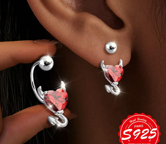 A Pair of S925 Sterling Silvery Women's Red Little Devil Screw Ear Hooks, Bling Bling, Cute and Playful, Secure Screw Clasp Design,