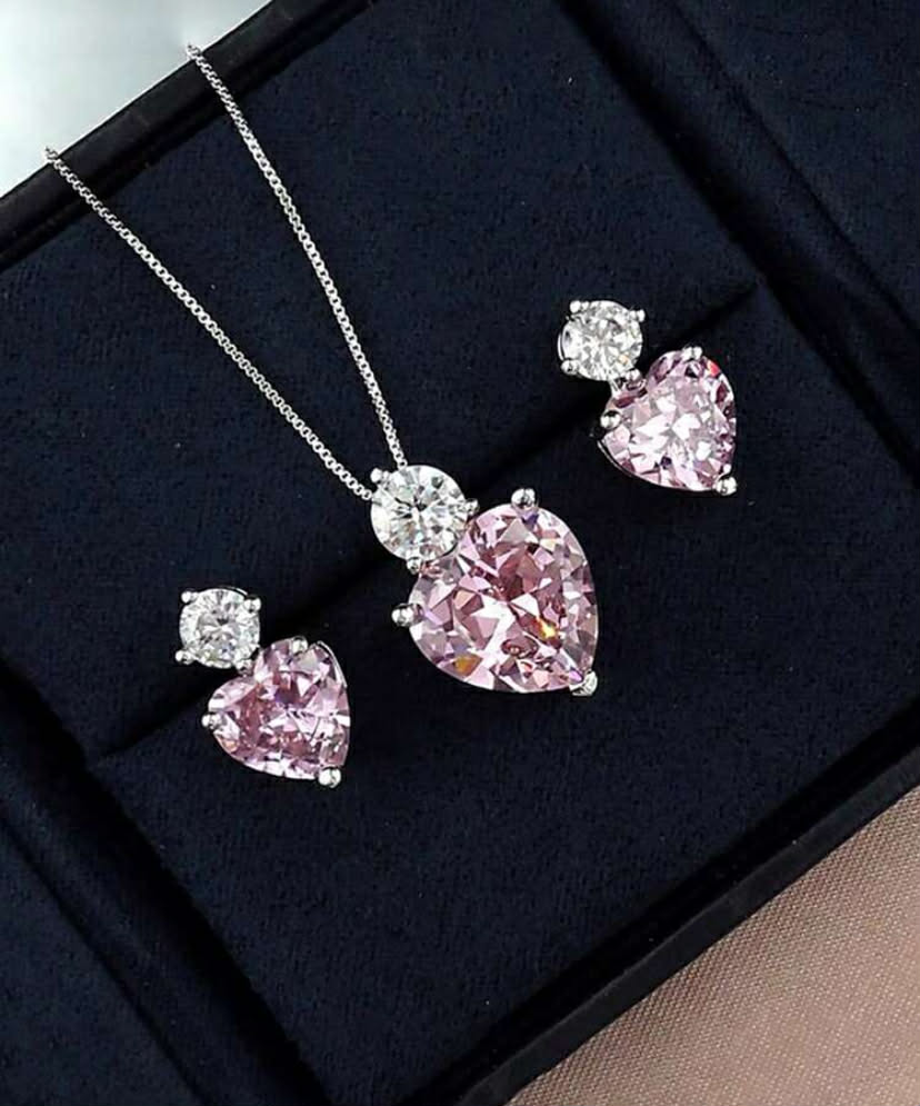 3pcs Set Style Pink Heart Crystal Pendant Necklace & Earrings