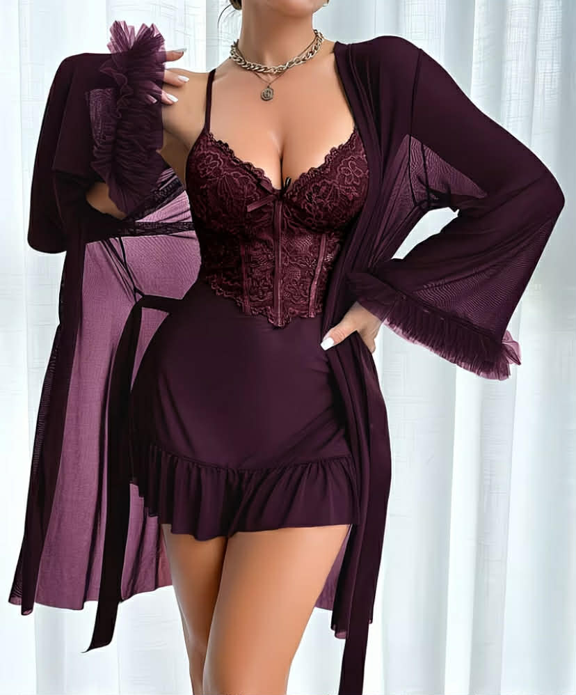 Plus Size Women's Solid Color Elegant Sexy Comfortable Mesh Lace Splicing Bow Thin Strap Nightgown + Wide Sleeve Robe Pajama Loungewear Two-Piece Set