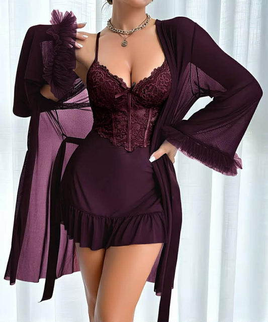 Plus Size Women's Solid Color Elegant Sexy Comfortable Mesh Lace Splicing Bow Thin Strap Nightgown + Wide Sleeve Robe Pajama Loungewear Two-Piece Set