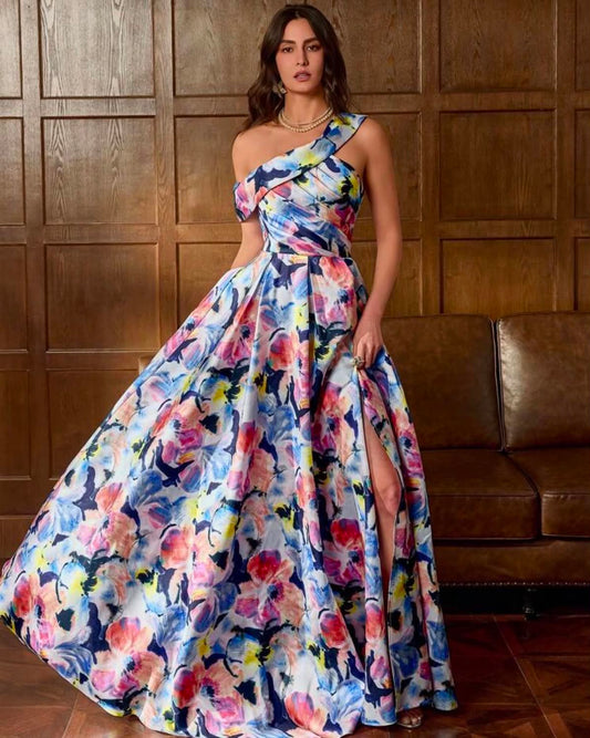 Faeriesty Printing Elegant Floral Satin One-Shoulder Maxi Evening Dress With High-Slit -