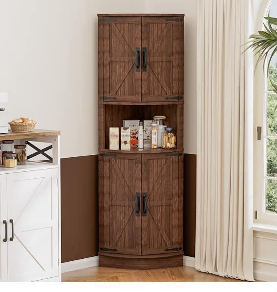 Tall Corner Storage Cabinet with Barn Doors, 5-Tier Tall Cupboards Cabinet for Living Room, 4 Wooden Doors and 5 Shelves, Space Saving Freestanding Sideboard for Home, Kitchen