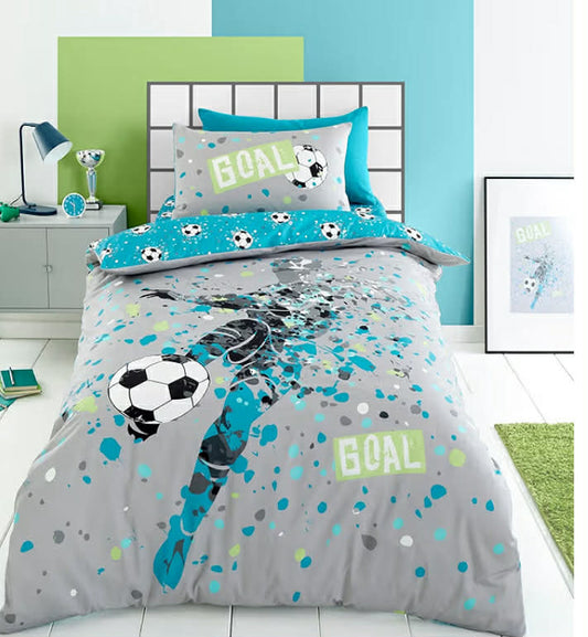 Bedding Bedlam Blue Aqua Football Duvet Cover Set – Single Size 140x200cm – Reversible Soccer Design – Boys Bedroom Accessories – Football Themed with Pillowcase