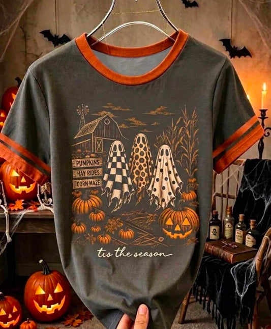 Vintage Halloween Farmhouse Tis The Season Print T-Shirt,