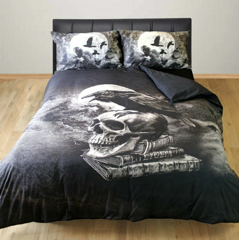 POE'S RAVEN DUVET COVER SET ALCHEMY GOTHIC CROW BIRDS SKULL MOON GREY BLACK