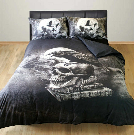 POE'S RAVEN DUVET COVER SET ALCHEMY GOTHIC CROW BIRDS SKULL MOON GREY BLACK