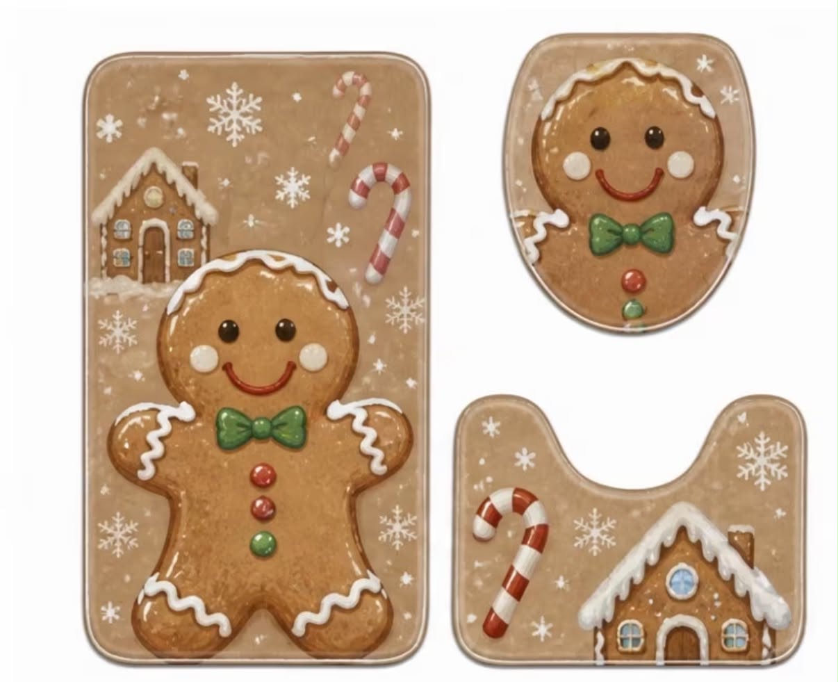 Winter Christmas Gingerbread for Man Bathroom Non-Slip 3pcs Set, Super Absorbent Quick-Dry Bath Mat, Toilet Mat, U-Shaped Mat, Non-Slip and Fall-Proof, Protects Floors, Easy to Clean, Durable, Home Bathroom Safety Foot Mat, Practical Bath Set