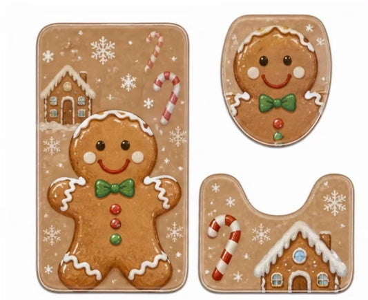 Winter Christmas Gingerbread for Man Bathroom Non-Slip 3pcs Set, Super Absorbent Quick-Dry Bath Mat, Toilet Mat, U-Shaped Mat, Non-Slip and Fall-Proof, Protects Floors, Easy to Clean, Durable, Home Bathroom Safety Foot Mat, Practical Bath Set