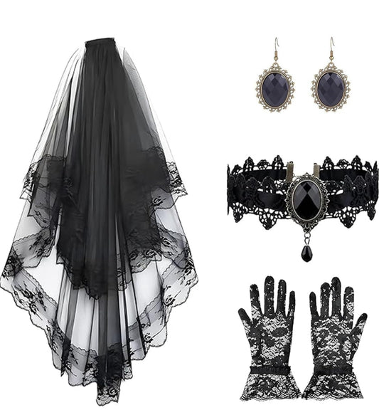 Black Bride Veil for Women, 4 Pack Halloween Costume Set, Adjustable Ladies Necklace, Printing Tulle Lace Gloves and a Pair of Earring for Halloween Costume