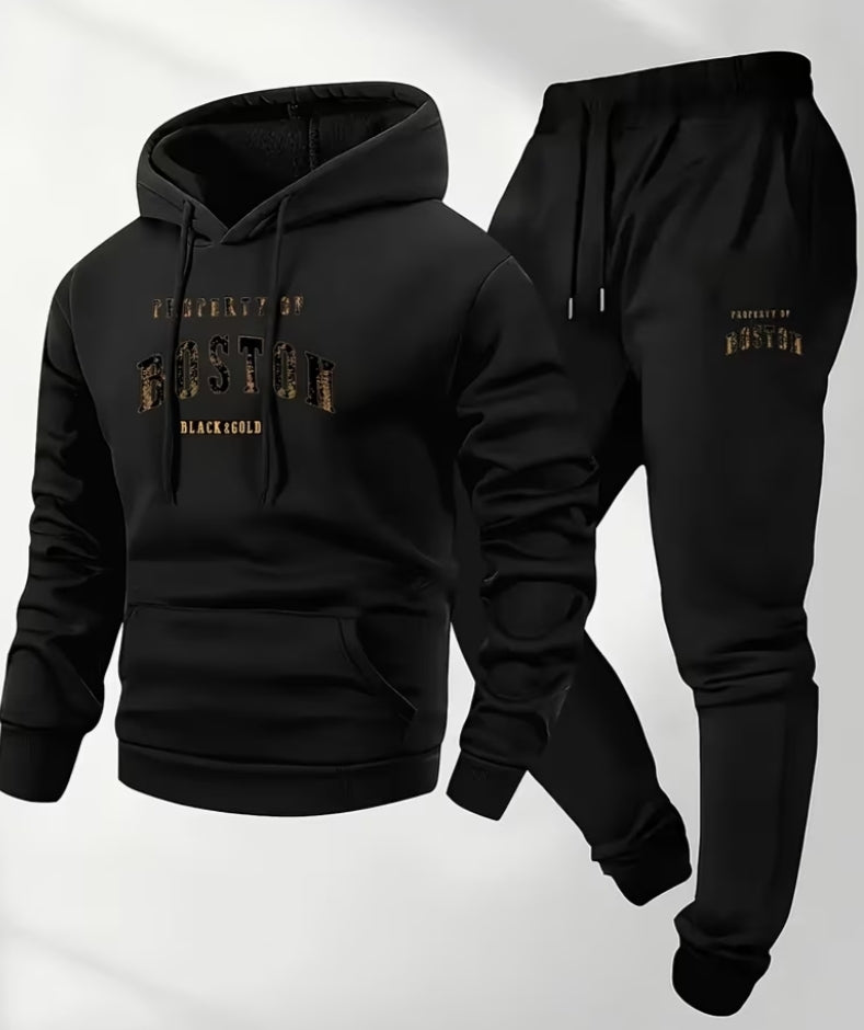 Men'S Boston Print Hoodie And Sweatpants Set - Casual Long Sleeve, Slight Stretch Fabric, Pockets,