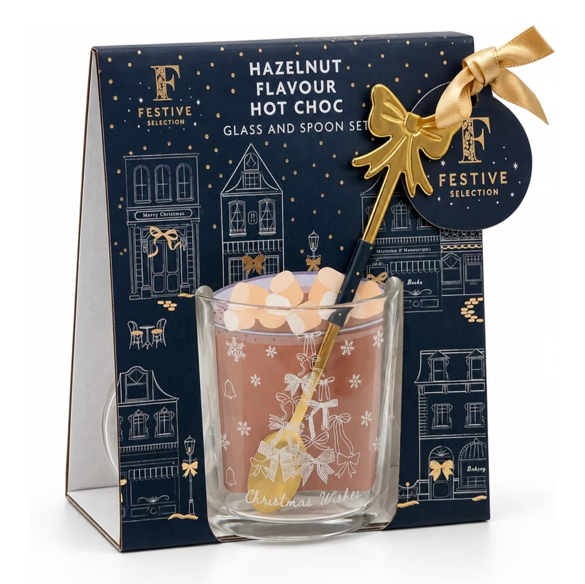 Hazelnut Hot Chocolate Glass & Spoon Gift Set - Festive Mug Set with Mix