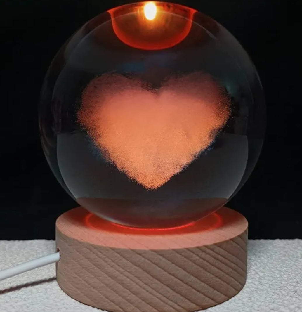 3D Engraving Crystal Ball Love Heart, LED Light, Wooden Base,