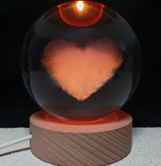3D Engraving Crystal Ball Love Heart, LED Light, Wooden Base,