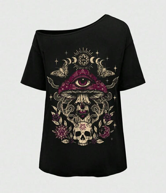 Goth Spring/Summer Plus Size Women Plus Size Distressed Mushroom Skull Eye Print Single Shoulder T-Shirt