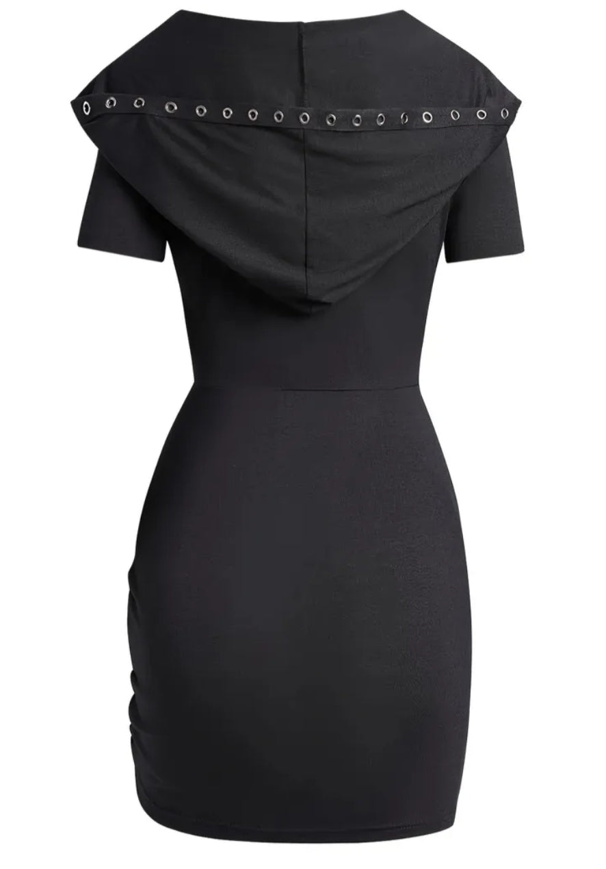 Plus Size, Gothic-style Hooded Sexy Bodycon Dress with Metal Eyelet Lace-up V-neck, Ruffled Hem Drawstring Design,