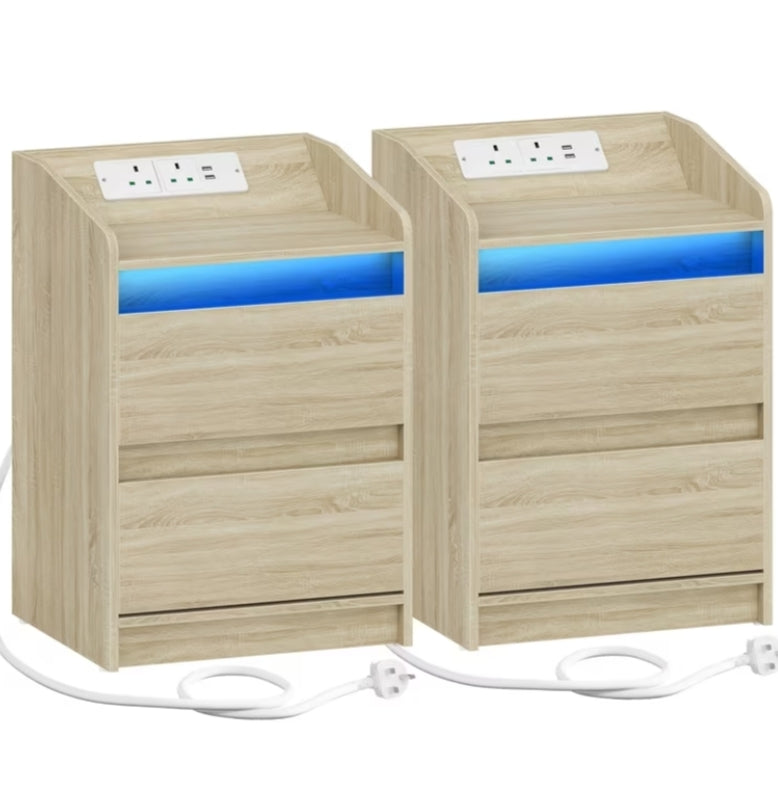 Bedside Tables with LED Lights, Charging Station And 2 Drawers, Side Table with USB Ports And Electrical Outlets,