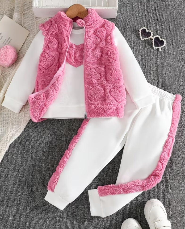 3pcs Set for Girls: Casual, Fashionable, and Warm, Suitable for Autumn and Winter. Includes a Plush Heart-patterned Jacquard Zip-up Vest, a Heart-embroidered Top, and Plush-paneled Long Pants.