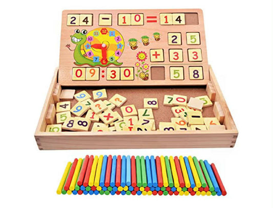 Children Wooden Montessori Maths Toy, Double Sided Board, Counting Stick,Chalk Eraser, Kids Educational preschool Toy,clock, Number Drawing Board .