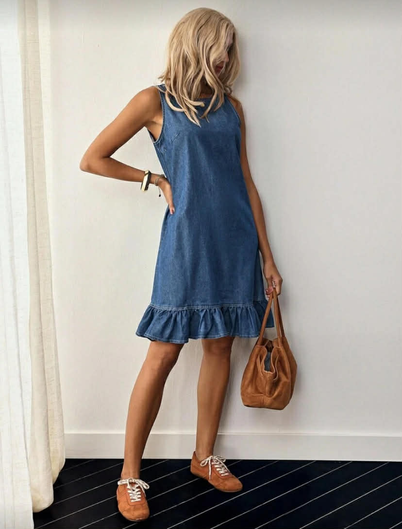 EMERY ROSE Button Back Ruffle Hem Denim Dress