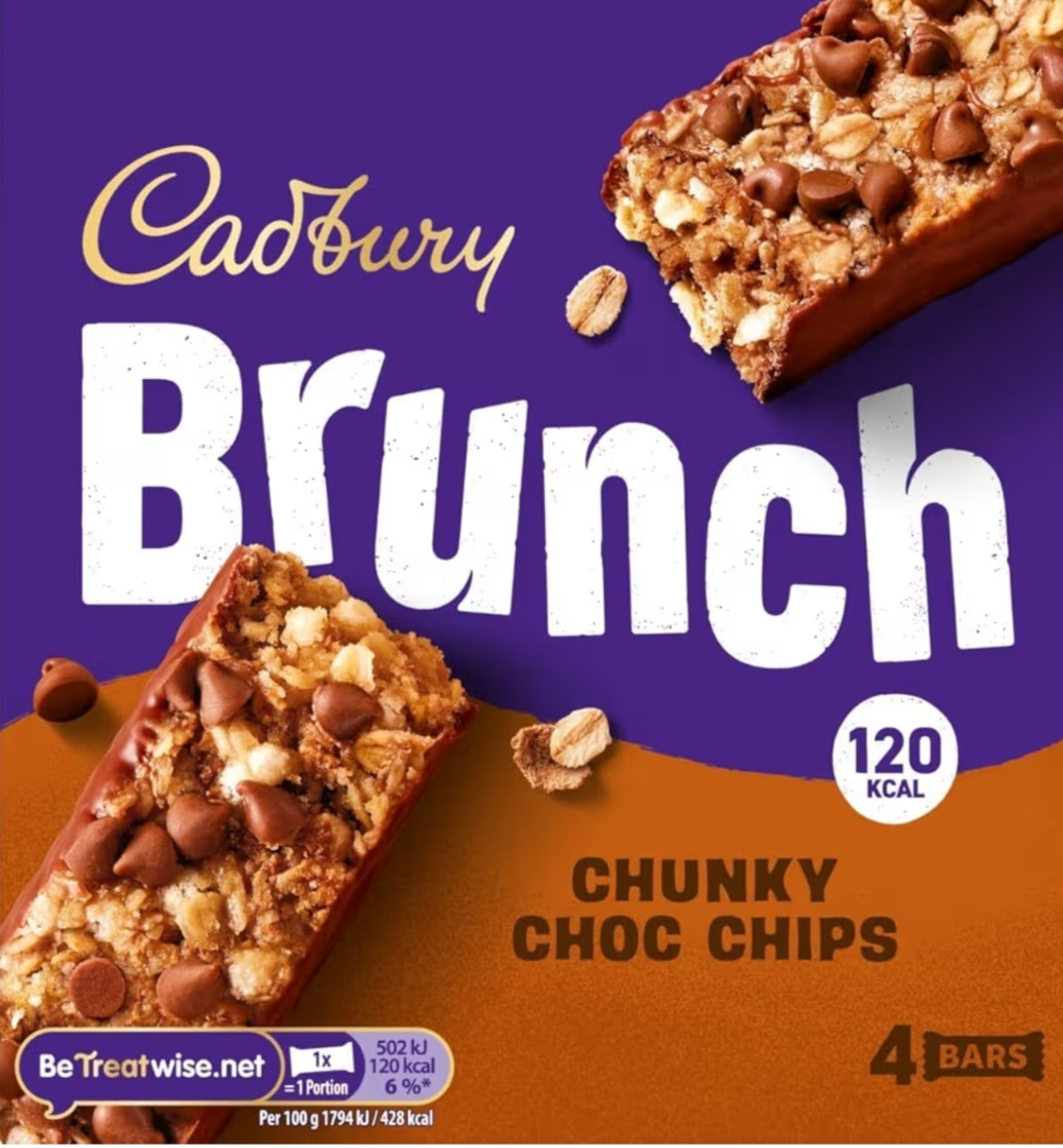 Cadbury Brunch Chunky Choc Chip Cereal Bars, Wholegrain Snacks dipped in Milk Chocolate, Multipack, 4 x 28 g