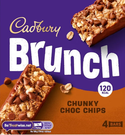 Cadbury Brunch Chunky Choc Chip Cereal Bars, Wholegrain Snacks dipped in Milk Chocolate, Multipack, 4 x 28 g