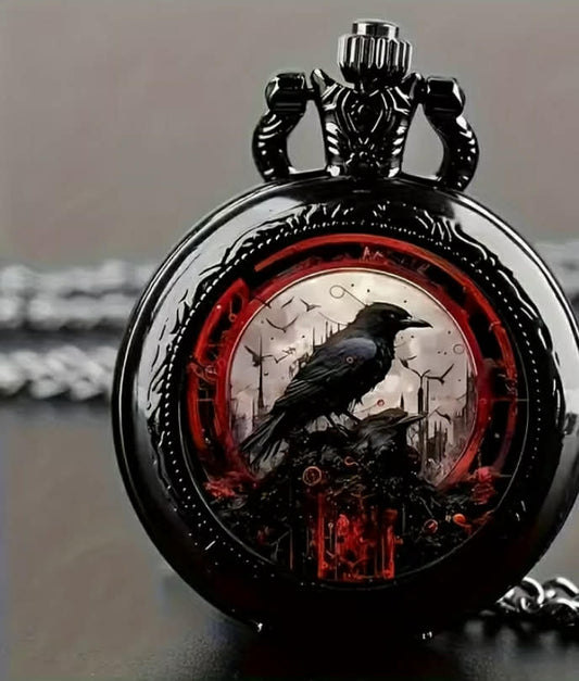 1 pc New Style Multiple Black Legend Raven Vintage Exquisite Design Black Legend Raven Medium Pocket Watch Fashion Pendant Watch Birthday Gift