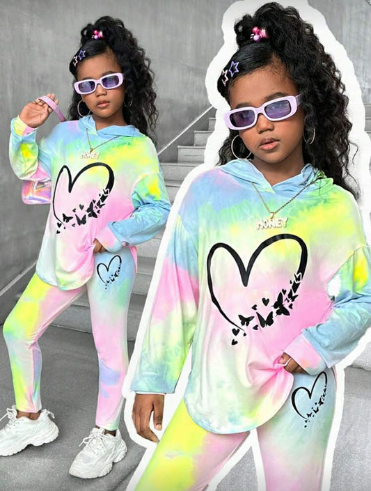 2 pcs Tween Girl Tie Dye Hoodie Sweatshirt With Asymmetrical Hem & Leggings Pants Set