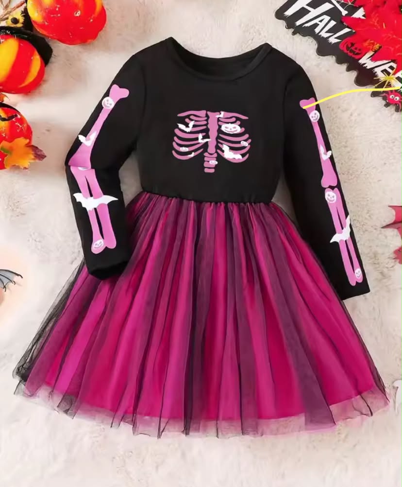 Halloween Girl Cartoon Skull Printed Mesh Princess Dress