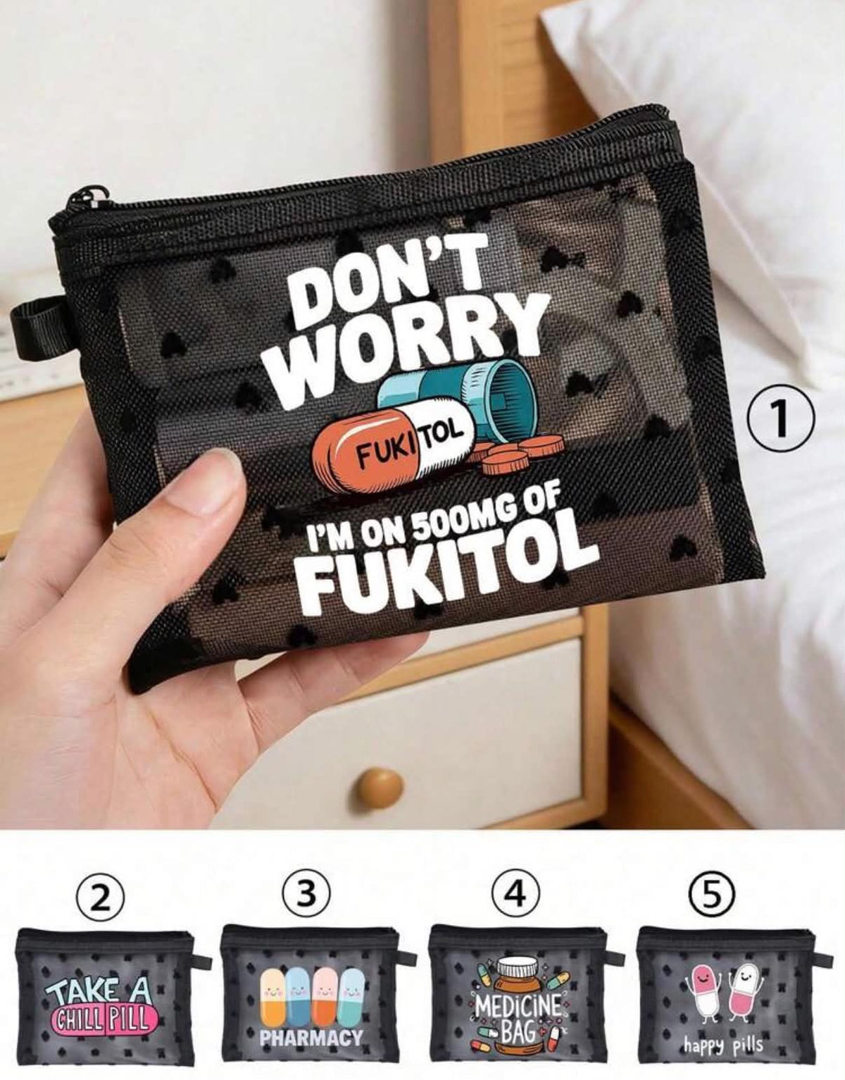Funny Pill Print Mesh Medicine Bag, 5 Styles Humorous Slogan Mesh Zipper Pouch, Portable Travel Pill Organizer Bag For Medication, Vitamins & Daily Essentials,