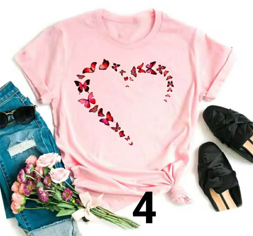 Watercolor Butterfly Heart Printed T Shirt
