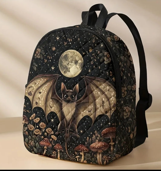 Moon Mushroom Bat Pattern Printed Casual Diamond Grid Backpack, Lightweight Travel Backpack, Campus, Travel, Camping Leisure Backpack, Suitable for Both Men and Women.