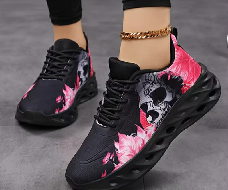 Floral Skull Design, Casual Sneakers for Couples, Women Shoes