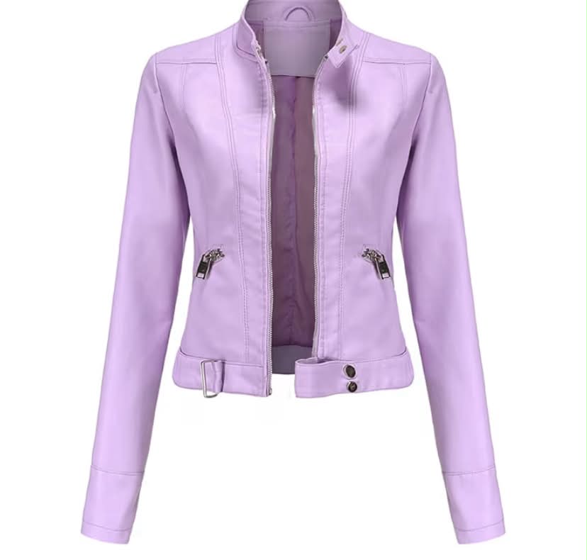 Women Classic Faux Leather PU Moto Biker Jacket Short Slim Fit Casual Zip Up Coat