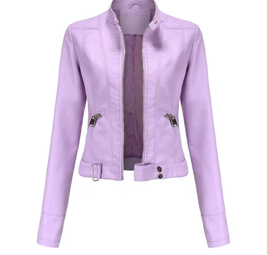 Women Classic Faux Leather PU Moto Biker Jacket Short Slim Fit Casual Zip Up Coat