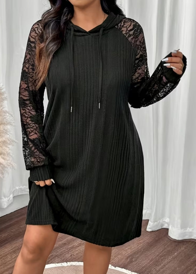 Elegant Special Solid Color Hooded Drawstring Lace Splicing Plus Size Women's Dress