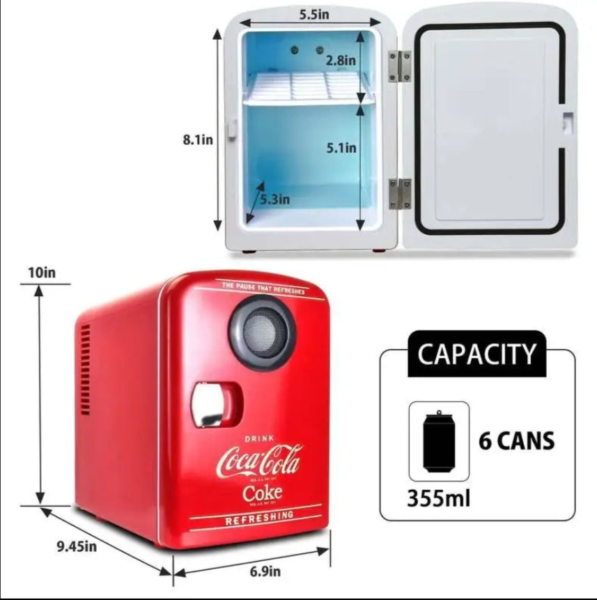 Coca Cola 4L Mini Fridge For Bedrooms 6 Can 12V Portable Cooler Warmer with Bluetooth Speaker