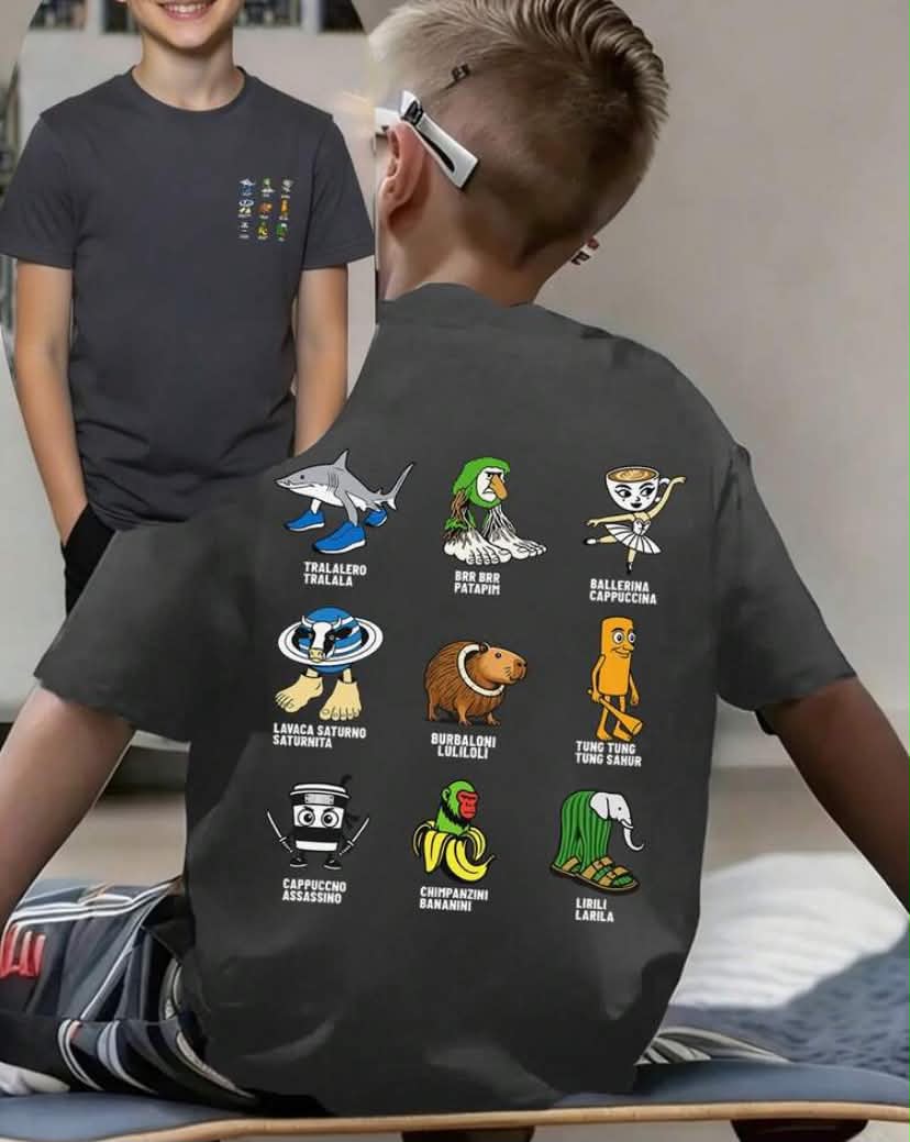 Tween Boy - Popular "Italian Brain Rot Pattern" Cartoon Print T-Shirt,