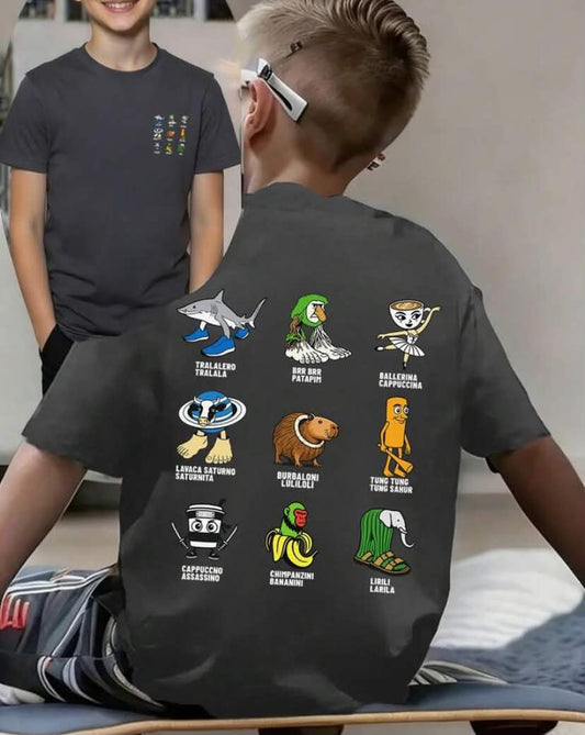 Tween Boy - Popular "Italian Brain Rot Pattern" Cartoon Print T-Shirt,