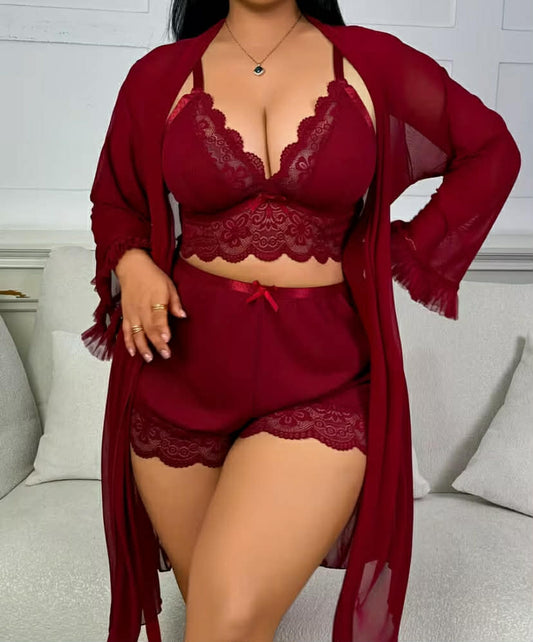 Sexy Lace Camisole Nightgown with Lace Trim, Floral Lace Long-Sleeve Mesh 3pcs Set with Suspender Shorts