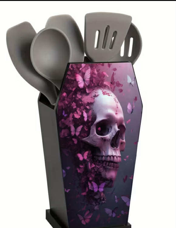 1 pc Gothic Kitchen Utensil Holder - Coffin-Shaped Organizer with Skull & Butterfly Print