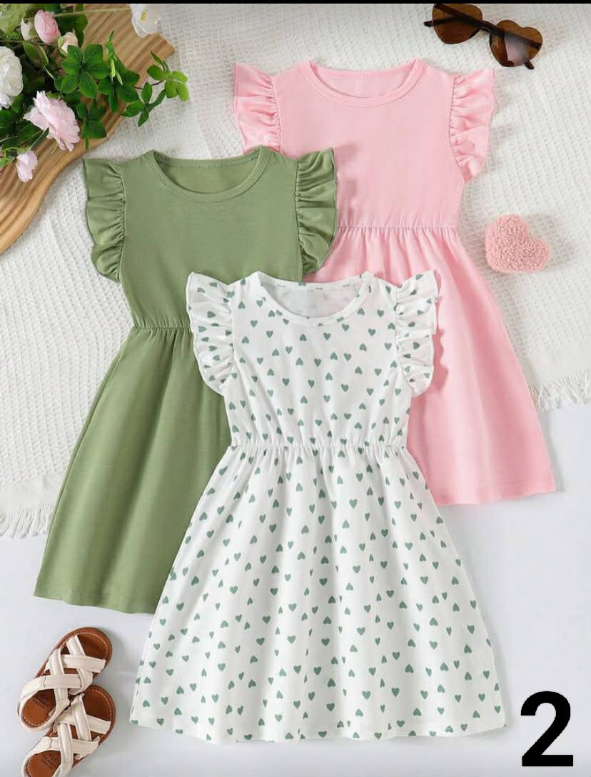 3pcs/Set Young Girls'  Summer Fashion Flutter Sleeve Heart Print + Solid Color Patchwork Casual Dress Outfit